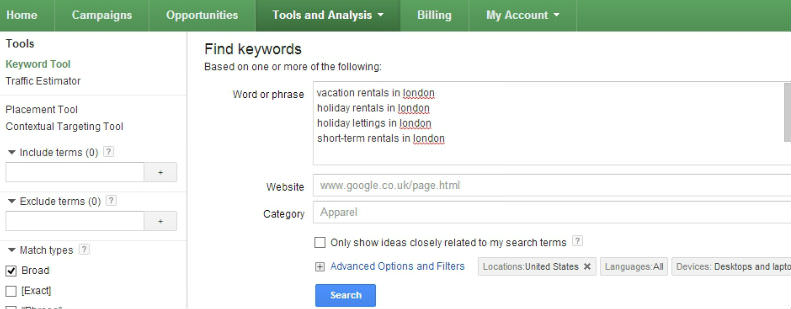 Google Keyword Tool Search Example